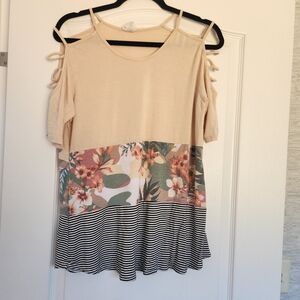 Lovely Melody Beige Floral and Striped Cold Shoulder Blouse Size L Euc
